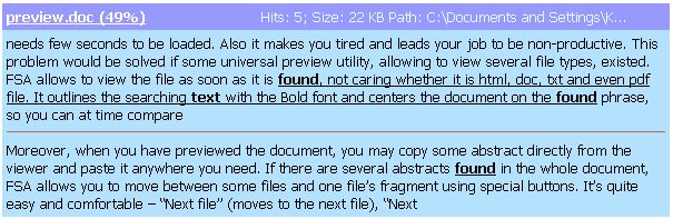 Citation fragment contains the file name, path to file, relevancy of file to used keyword, number of hits (found keywords in file), file size and the text fragment with highlighted keyword.