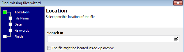Missing file wizard: choosing search location