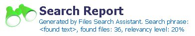 The report contain the keyword - "found text", the number of found files - 36, used relevancy level - 20% and your personal logo image.
